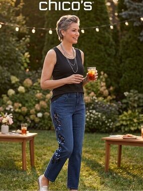 Chico's Dark Blue Straight Leg Jeans with Side Sequin Embellishment